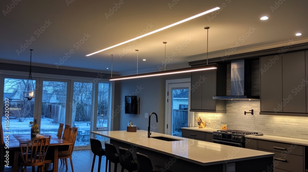 Poster sleek bar lights running parallel across the ceiling of a modern kitchen, casting an even glow over 