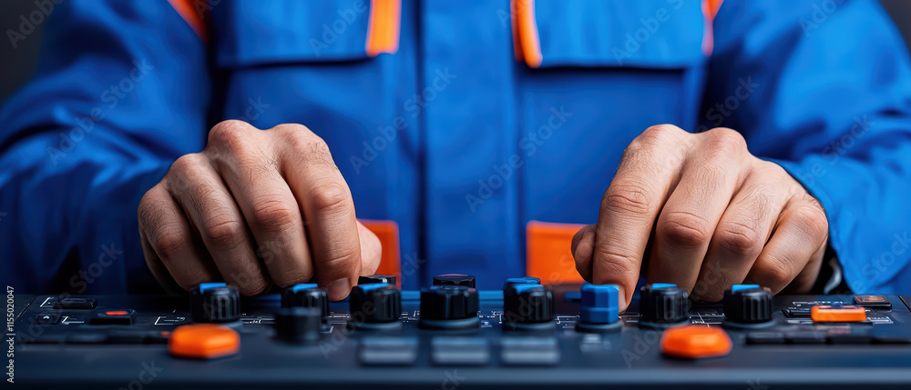 Poster hands of engineer adjusting controls on device, showcasing precision and focus in professional setti