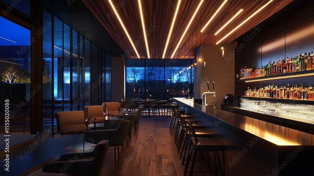 Poster sleek bar lights running parallel across the ceiling of a modern kitchen, casting an even glow over 