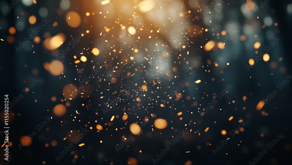 Poster glowing particles and bokeh lights in dark background.