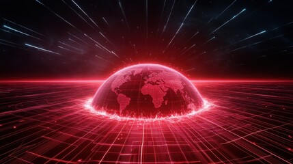 Cyberattack wave disrupts global network digital landscape futuristic environment aerial view technological concept