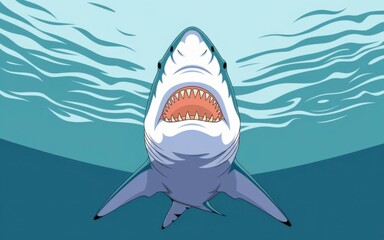 A bottom view of a shark swimming in clear, blue water with sharp teeth visible against underwater waves