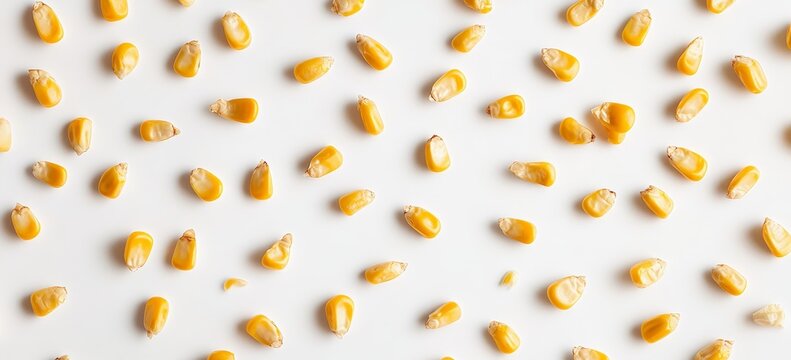 Scattered corn kernels on white background.
