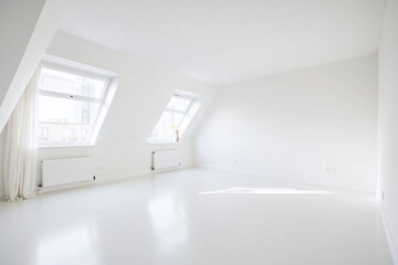 Living space white scheme slanted ceiling large windows