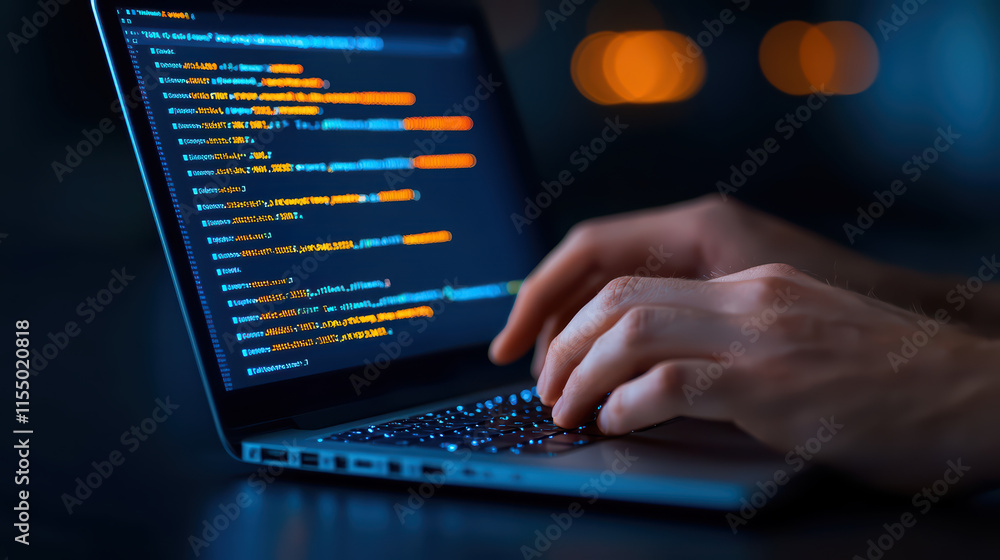 Poster close up of hands typing code on laptop screen, showcasing programming skills and focus