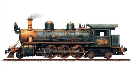 Fototapeta premium Vintage steam locomotive, aged teal and gold, isolated on white.
