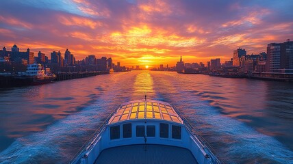 Cityscape at sunset with a boat cruising the river