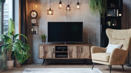 Modern living room with TV, armchair, plants, and industrial decor.