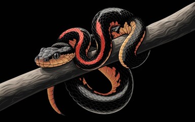 Obraz premium A Black mangrove pit viper with red and white markings coiled on a branch against a black background