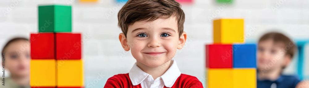 Poster young boy smiles confidently while playing with colorful building blocks in bright classroom