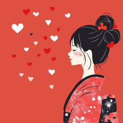 和風着物美少女の横顔イラスト｜バレンタインデー｜ハートが舞う赤背景デザイン