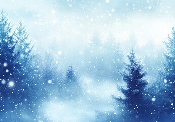 Serene Winter Landscape with Snowfall in a Misty Forest, Capturing the Tranquility and Beauty of Nature in a Blue-Toned Scene with Evergreen Trees