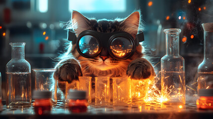 Cat scientist experimenting in a lab with goggles, test tubes, and sparks flying, creating a playful, creative, and humorous representation of science and curiosity