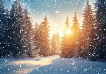 Serene Winter Landscape with Snowy Pine Trees and Gentle Sunlight Breaking Through the Forest at Dusk in a Magical Winter Wonderland Scene