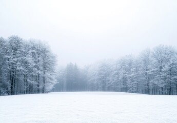 Fototapeta premium Serene Winter Landscape with Soft Snowfall and Fog in a Tranquil Forest Setting, Capturing the Beauty of Nature and Stillness in a Snowy Environment