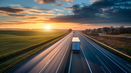 Semi truck on highway at sunset. Concept of transportation, logistics, and delivery.