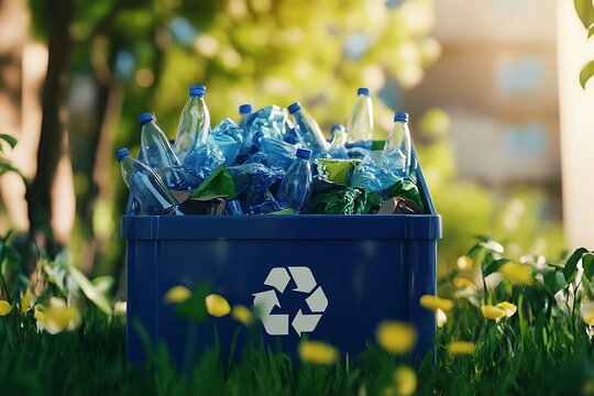 Recycling bin with plastic bottles on green grass. Recycling concept