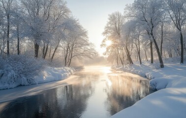 Naklejka premium Serene Winter Morning by the Snow-Covered River with Sunlight Glimmering Through Trees in a Tranquil Frozen Landscape