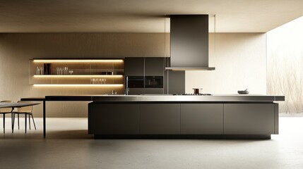 Modern minimalist kitchen design with island, sleek cabinets, and integrated appliances.