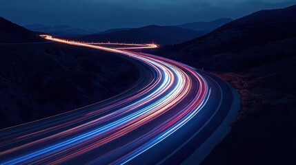 The highway is winding, with long-exposure photography and flowing light trails. The background features mountains at sunset