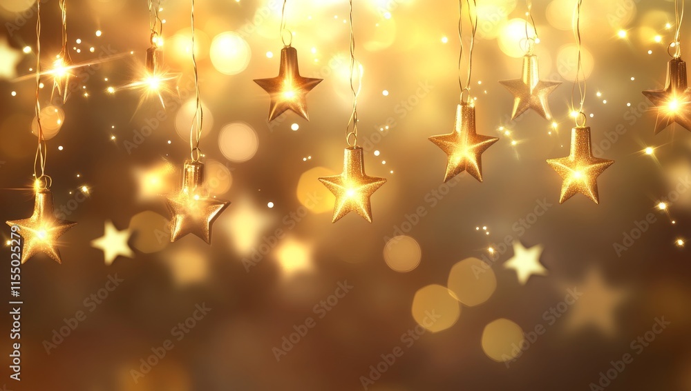 Poster golden star string lights bokeh background.