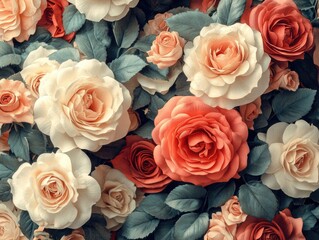 Close-up of various peach and coral roses. Ideal for romantic or floral themes; evokes elegance and beauty.
