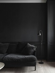 Dark Living Room Interior Design Featuring Black Sofa and Floor Lamp