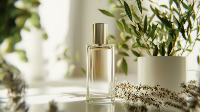 High-quality ad of luxury perfume roller with sleek glass design and botanical elements in close-up
