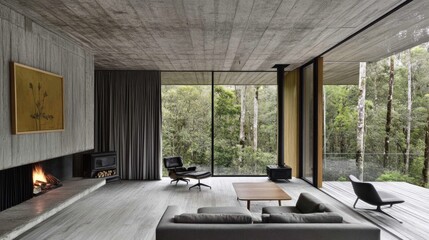Modern minimalist living room with fireplace, large windows showcasing lush forest views, and concrete features.