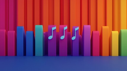 Voice and tone recording concept. Colorful sound bars with musical notes on a vibrant background.