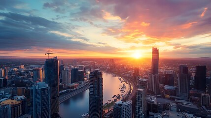 Fototapeta premium City Sunset Skyline. Urban Landscape at Sunrise. Concept of Modern City, Architecture, and Urban Development.