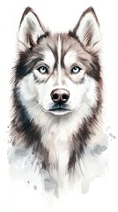 Fototapeta premium A majestic and expressive husky dog watercolor portrait with striking blue eyes.