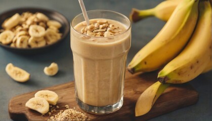Creamy Brown Smoothie with Cashew Nuts, Bananas, and Blue Countertop