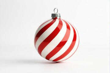 Red and white striped Christmas bauble with silver top loop, against plain white background, focal point of image.