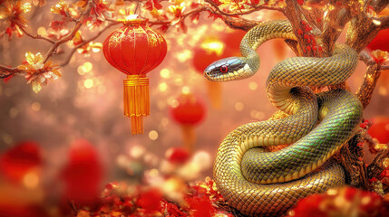 A majestic snake entwines around a decorated Chinese New Year tree, its shimmering golden and green scales adding to the festive atmosphere, with red lanterns and golden ornaments symbolizing prosperi