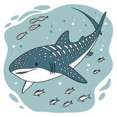 A peaceful illustration of a whale shark gently swimming while feeding on plankton, capturing the serene beauty of ocean life.