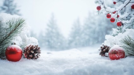Winter Wonderland: Snowy Landscape with Red Berries, Baubles, and Pine Cones in a Peaceful Forest Setting