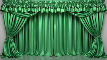 Green velvet curtains on a theater stage with a spotlight