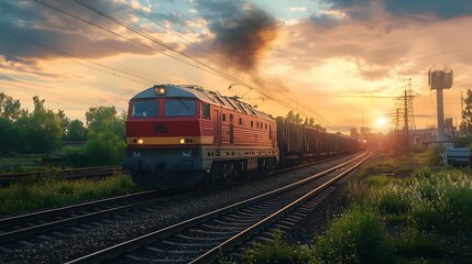 Fototapeta premium Freight Train at Sunset. Transportation, Cargo, Railroad