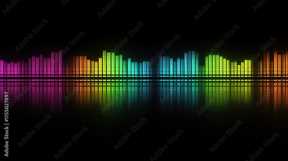 Poster colorful sound wave visualization with reflection on black background
