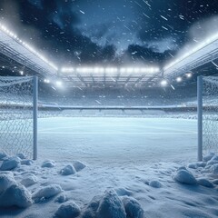 A snowy soccer stadium illuminated under dramatic lighting.
