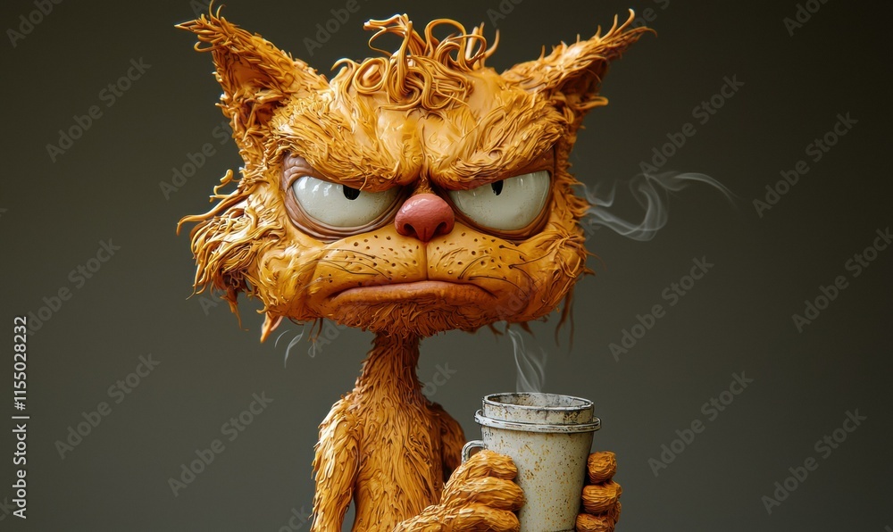 Poster grumpy cat with a coffee. ai.