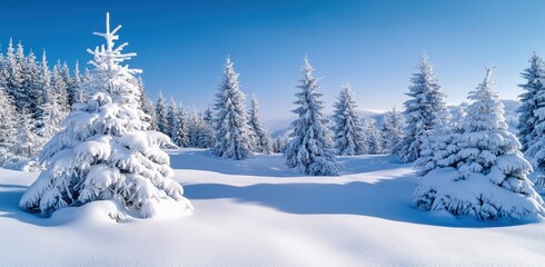 Fototapeta premium Serene Winter Wonderland Scene with Snow-Covered Pine Trees and Clear Blue Sky, Perfect for Evoking Tranquility and Holiday Spirit in Nature Photography