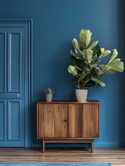 Modern wooden cabinet with plants against a blue wall