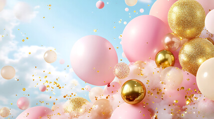 vibrant scene of pink and gold balloons floating against blue sky, creating festive atmosphere
