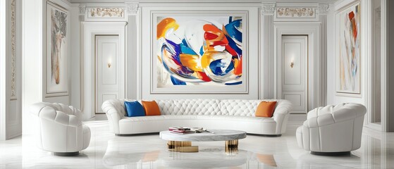 Luxurious white leather sectional sofa and armchairs in a modern living room with large abstract artwork. Elegant and sophisticated interior design.