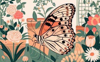A fragile butterfly with intricate wing patterns perched on a green plant in a garden with flowers and a trellis