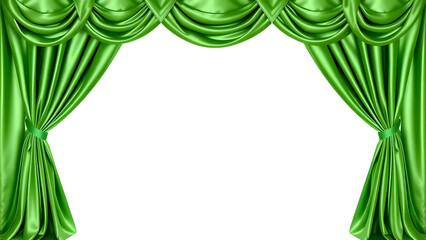 The green curtains frame the stage like a dramatic backdrop for the theater performance