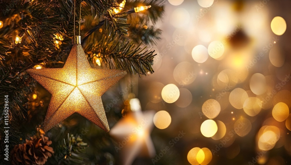 Poster sparkling golden stars hanging on strings against a bokeh background.