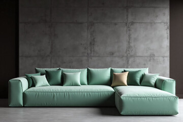 Living room concrete wall mint green sofa cushions cozy